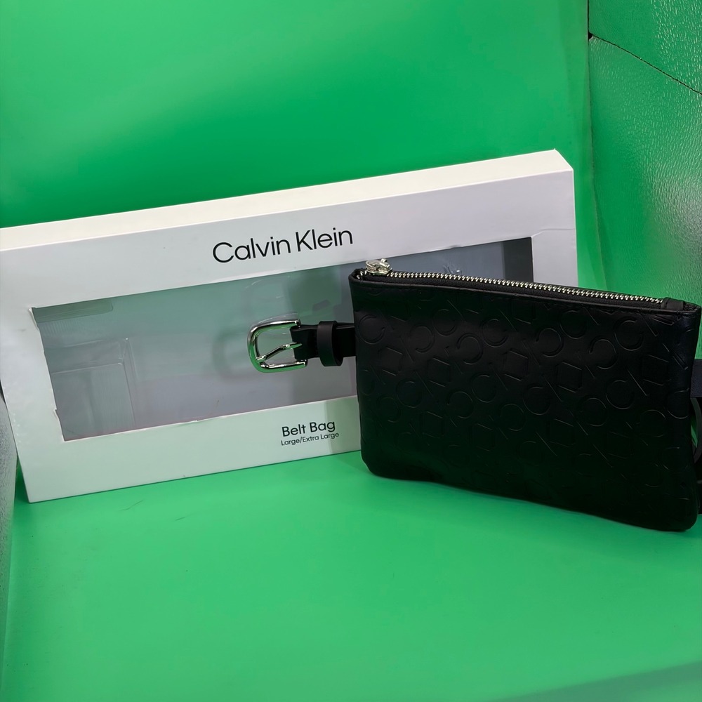 Calvin Klein Belt Bag CK Logo AOP Mens L/XL 44 Black Embossed Zipper Pouch 8x5